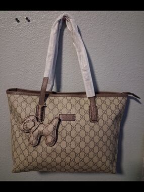 GG Monogram Tote with Brown Trim and Dog Charm